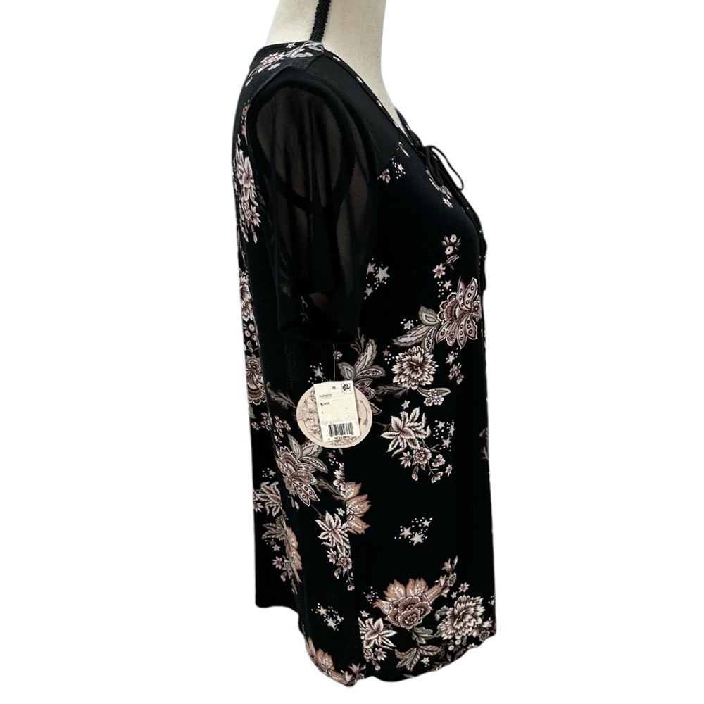 Gypsies & Moondust Short Sleeve Floral Print Lace Up Neck Tunic  - Black - Large - Picture 2 of 12